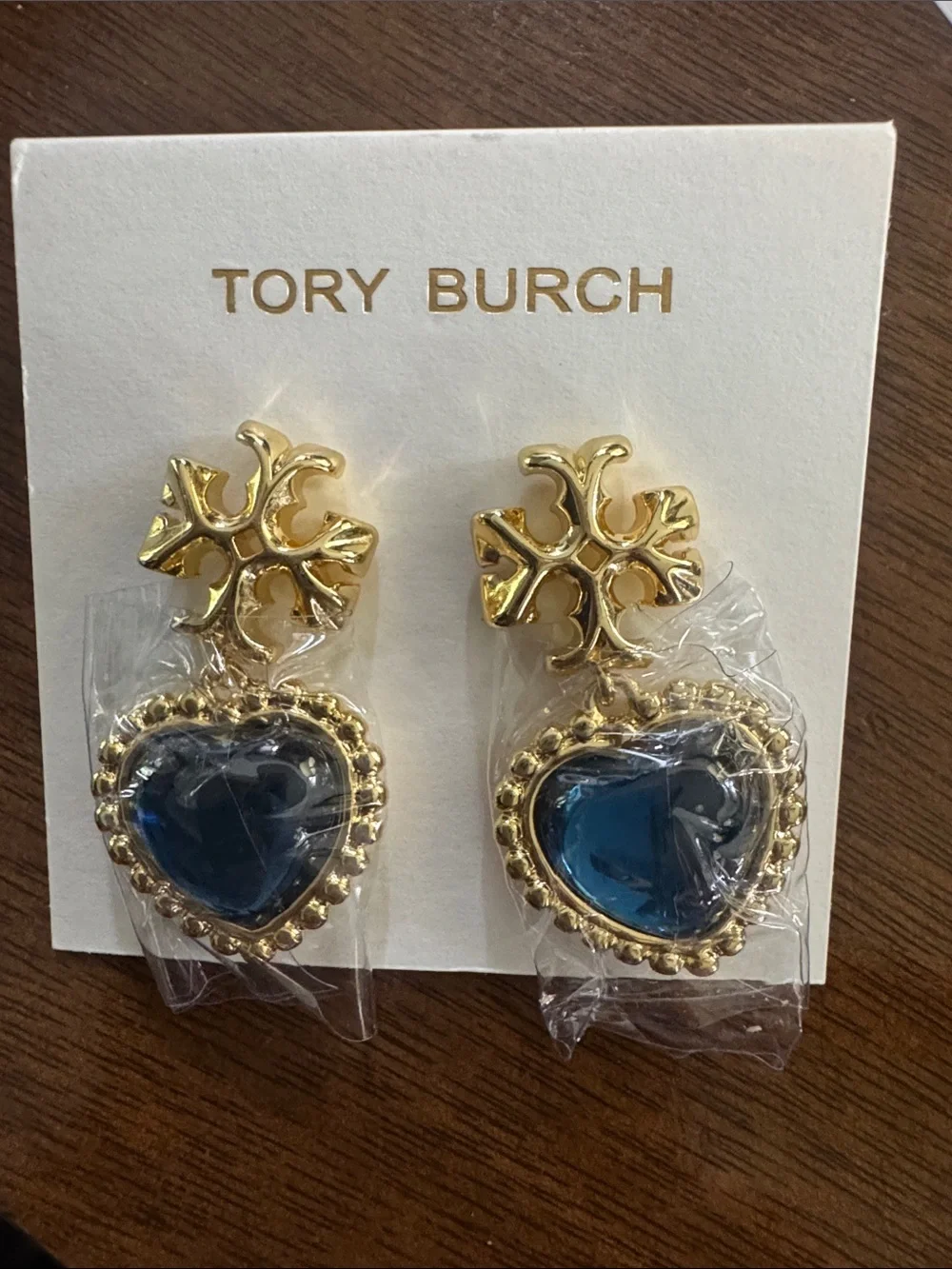 Tory Burch Gold and Blue Heart Kira T Drop Earrings NEW $129